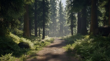 Obraz premium Sunlit Path Through a Verdant Forest: Exploring the Beauty of Nature