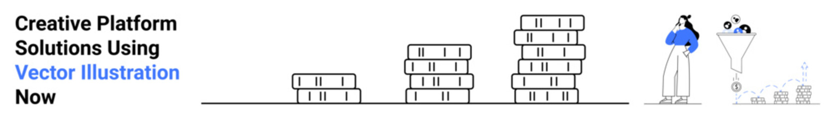 Stacks of platforms grow progressively in size, ending with a person monitoring data flowing into a funnel. Ideal for business growth, analytics, organization, finance, data management, planning