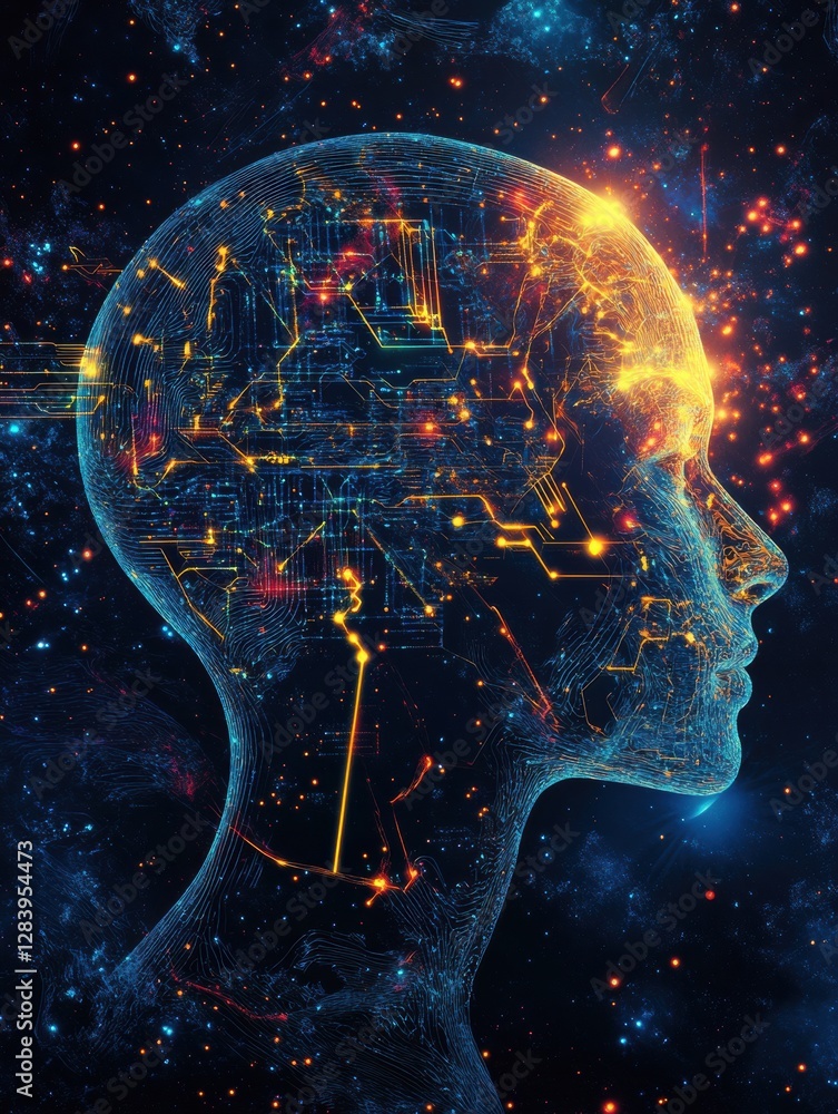 Poster Human head silhouette with glowing quantum circuits representing advanced quantum computing concepts and technology. Generative AI