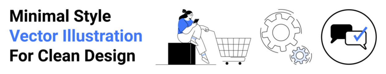 Woman on phone near a cart, gear symbolizing settings, and chat bubble with check mark emphasizing online shopping, settings, and communication. Ideal for e-commerce, tech, UX design, social media