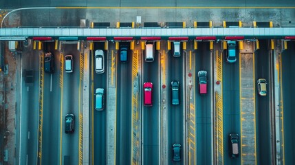 Toll booth at a highway interchange with multiple lanes. Featuring efficient traffic flow and organization