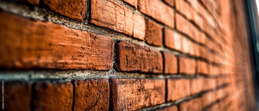 Poster close-up of a textured red brick wall with a shallow depth of field highlighting its rough aged and 