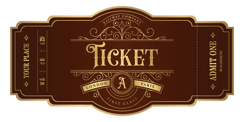 Vintage ticket template in golden colors on dark brown background. For excursion routes, retro parties and clubs and other projects. Just add your text. Vector, can be used for printing.