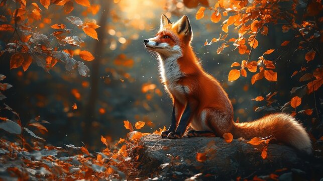 Curious red fox sitting comfortably on a large rock surrounded by nature in a forest