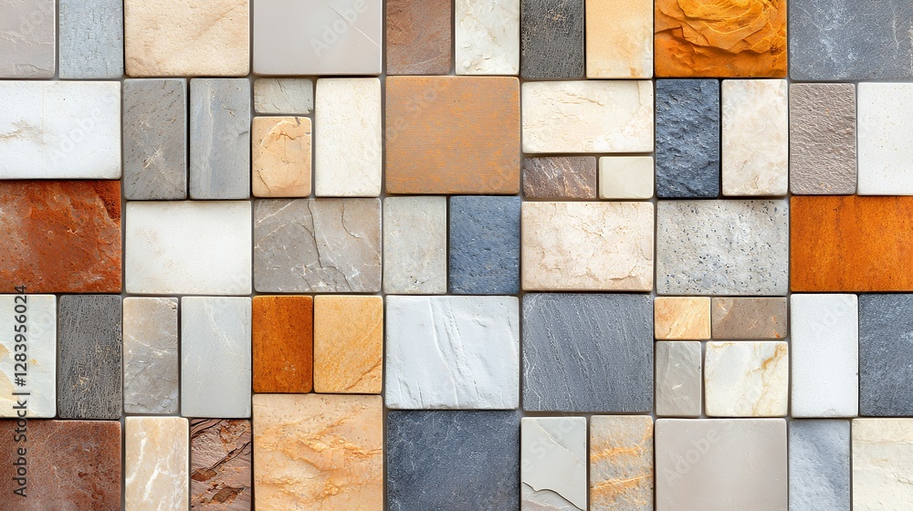 Poster multi colored square and rectangular stone tiles forming a decorative mosaic pattern