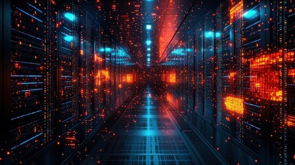 High-tech server room filled with multiple rows of network servers and advanced data equipment