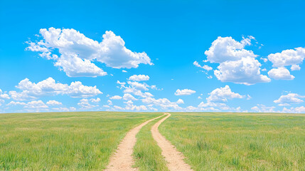 Obraz premium Country road through green field, blue sky, clouds. Travel, landscape photography