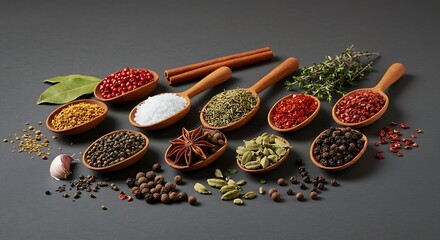 Variety of Herbs and Spices Arranged in Wooden Spoons on Dark Surface