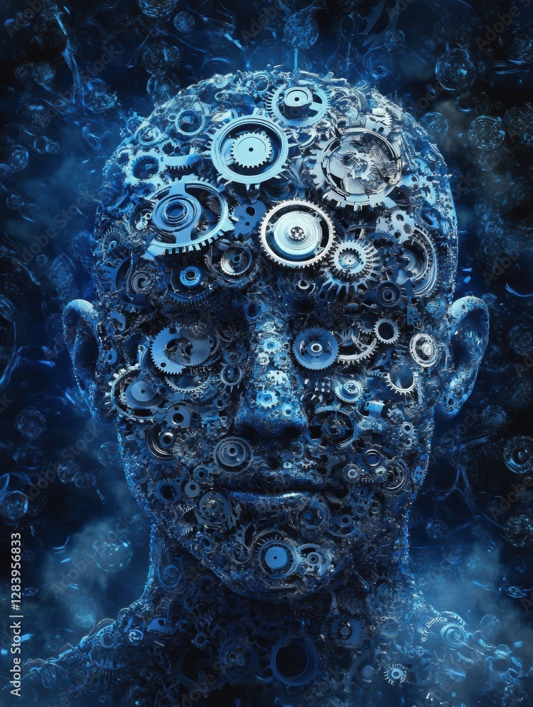 Poster human head contour filled with interlocking gears and cogs representing the concept of artificial in