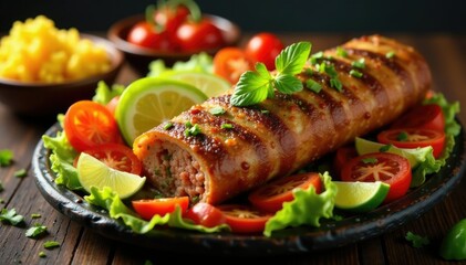 Colorful shawarma platter with garnishes and condiments, shawarma, beef, dolmas
