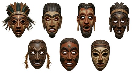 Collection of Carved Wooden African Masks Displayed on White Background