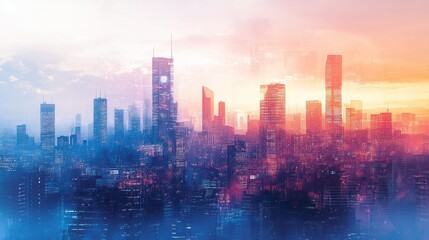 Urban skyline with a gradient of blue and orange hues