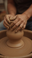 Potter shaping clay on wheel, showcasing craftsmanship and focus
