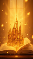Obraz premium magical castle emerging from open book, glowing with golden light