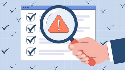 Fototapeta premium System engineer identifying problem in computer network system. Red triangle with exclamation mark and many other checkmark icons. Hand holding magnifying glass.