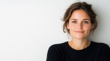 Fototapeta premium Portrait of European woman with a warm smile, and natural makeup, against a plane background. The minimal composition creates a fresh, modern, and professional aesthetic, perfect for business.