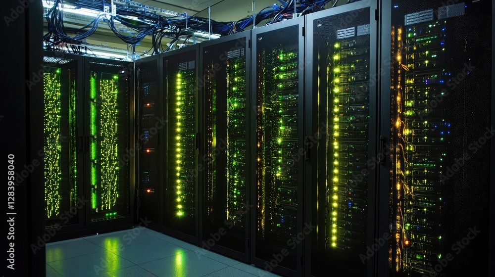 Poster a server room with rows of illuminated racks, representing the physical infrastructure behind cloud 