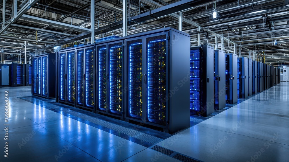 Poster busy server room filled with many server racks and cutting-edge technology for data storage solution