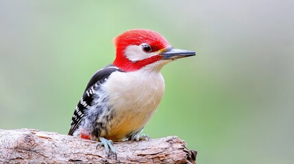Fototapeta premium Red-headed woodpecker perched on branch, nature background, wildlife photography, nature documentary