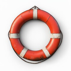 Brightly colored life preserver with weathered texture on a white background, symbolizing safety and rescue efforts