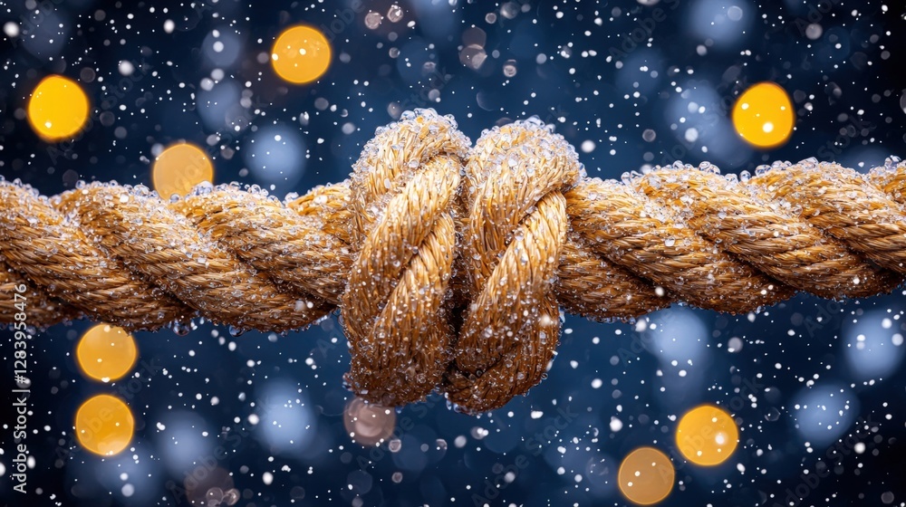 Poster thick rope hanging from a branch with soft snow gently falling around it creating a winter scene