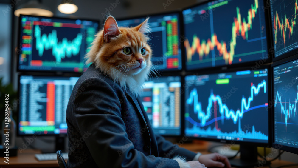 Poster cat sitting at trading desk with multiple monitors displaying stock market information.