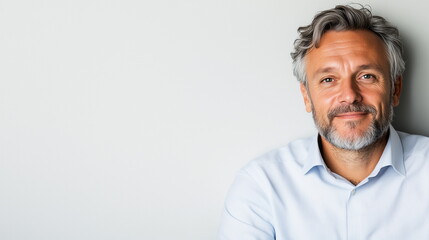 Fototapeta premium Professional portrait of a 50-year-old European man with a smart, confident expression. He looks directly at the camera against a white background. Ample copy space on the right for business use.