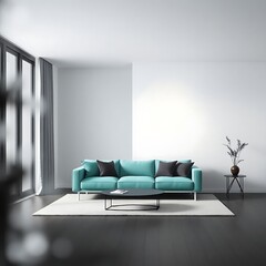 Idea of a blue minimalist living room interior with sofa, vases on the wooden floor and decor on the large wall and white landscape in window. Home Nordic interior. 3D illustration
