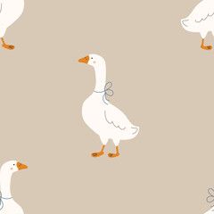 Art & Illustration. Seamless pattern with cute animals, goose on colored background background. Vector illustration for printing. Cute baby background