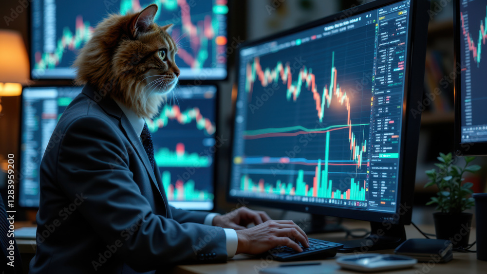 Poster a humorous stock photo of a cat wearing glasses sitting at a trading desk with several computer moni