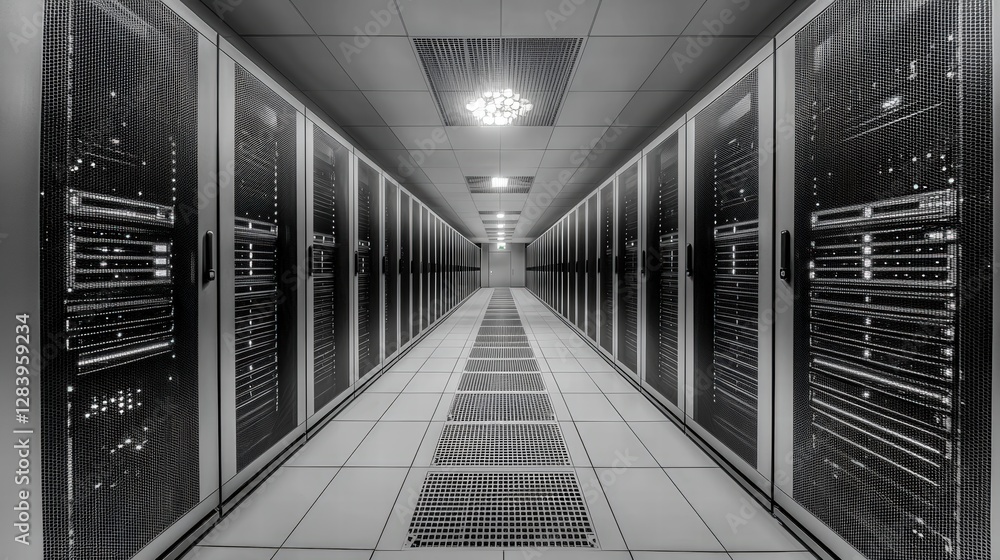Poster server room with rows of servers highlighting the backbone of modern digital infrastructure and tech