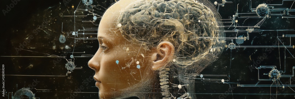 Leinwandbilder Exploring artificial intelligence through the schematic representation in the outline of a human head. Generative AI