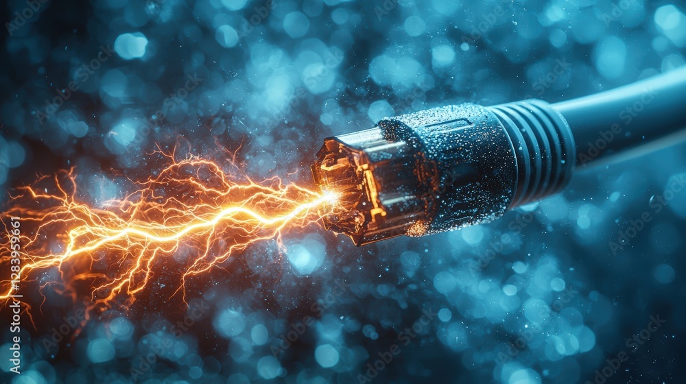 Poster electrifying cable with a lightning bolt symbolizing power and energy in a dynamic composition
