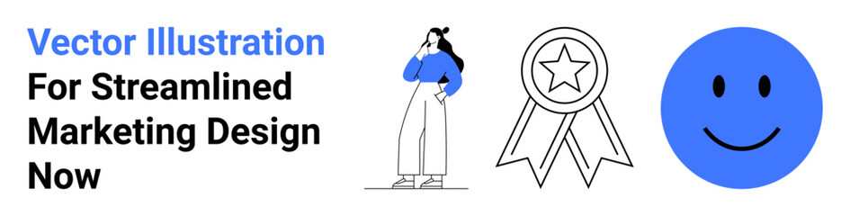 Woman deep in thought, award ribbon symbolizing achievement, and a happy face icon. Ideal for branding, marketing, success, optimism, creativity recognition and motivation. Perfect for flat landing