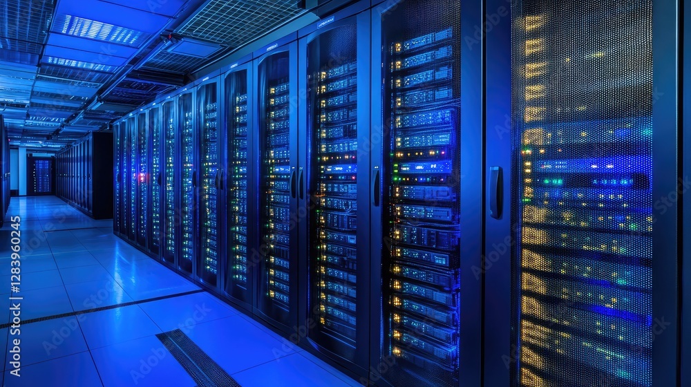Poster visualization of a smart city's data center managing vast amounts of urban information securely.
