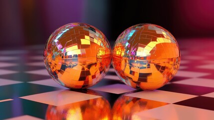 Reflection of two orange disco balls on checkerboard floor with colorful lighting