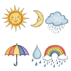 Naklejka premium Cute Weather Icons with Rainbow Sun Moon Cloud Rain Umbrella and Droplet