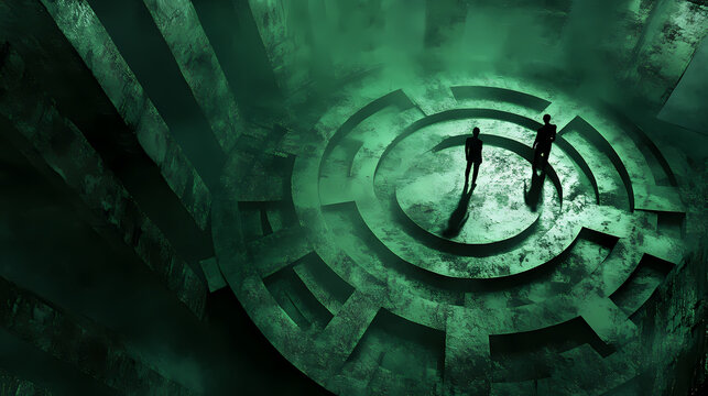 Two figures contemplate a circular structure within an emerald green labyrinth. Ancient Forgotten Labyrinth. Illustration