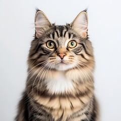 Obraz premium Majestic fluffy cat portrait with striking green eyes and vivid fur standing against a neutral background