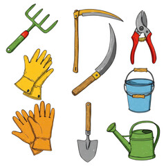 Gardening Tools Illustration Yellow Gloves, Green Watering Can, and Assorted Hand Tools on