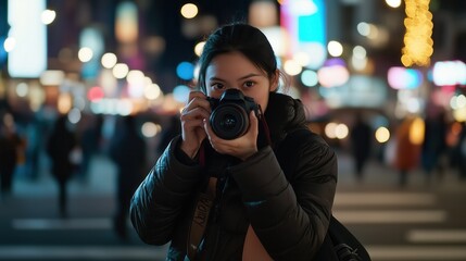 Fototapeta premium City Night Photography Featuring a Photographer Capturing Memorable Moments in a Vibrant Urban Setting