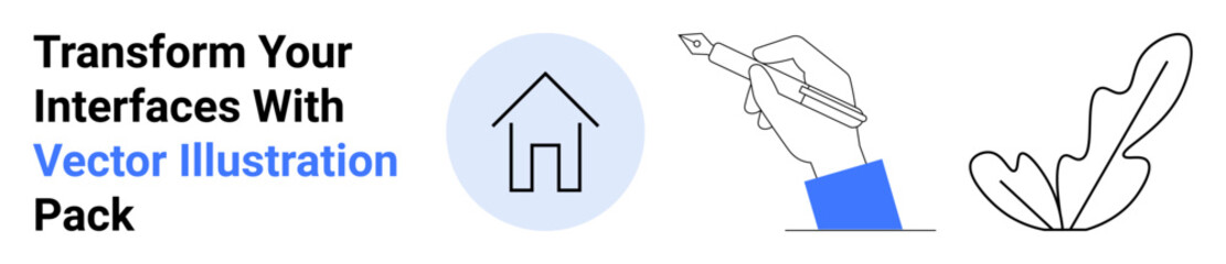 House sketch in blue circle, hand writing with pen, leaf outline. Ideal for UIUX design, creative projects, branding, architecture, ecology concepts, writing themes flat landing page banner