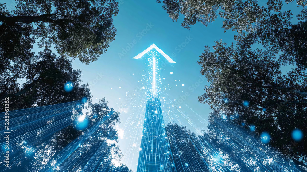 Poster a glowing blue arrow made of digital lines ascends into the sky surrounded by tall trees and shimmer