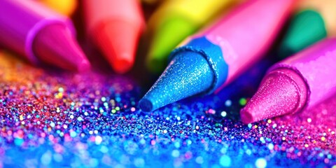 Obraz premium Blue crayon is on top of a pile of glitter