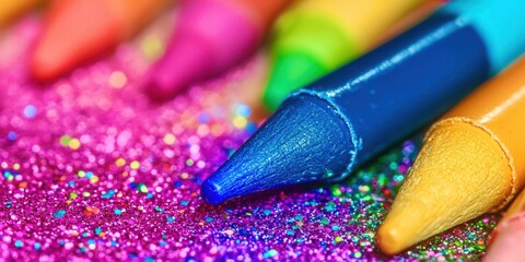 Obraz premium Blue crayon is on top of a pile of glitter