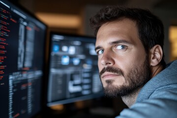 Fototapeta premium A programmer intensely examines data on multiple screens, showcasing the importance of technology in data analysis and the computing world in contemporary society.