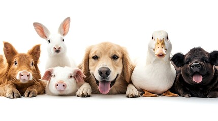 Naklejka premium Adorable Group of Pets Featuring a Dog, Cat, Rabbit, Pig, Duck and Guinea Pig in Studio Setting on White Background