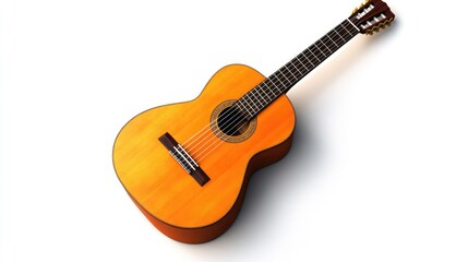 Fototapeta premium A classic acoustic guitar with a wooden finish, positioned on a white background, highlighting its craftsmanship and design.