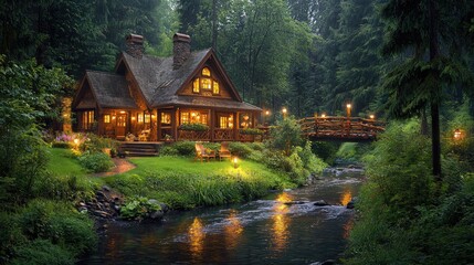 Obraz premium Cozy cabin, river, bridge, forest, evening lights, tranquil escape