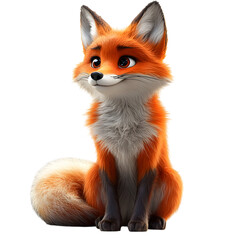 Fluffy 3D Cartoon Fox Sitting Down Isolated on Transparent Background